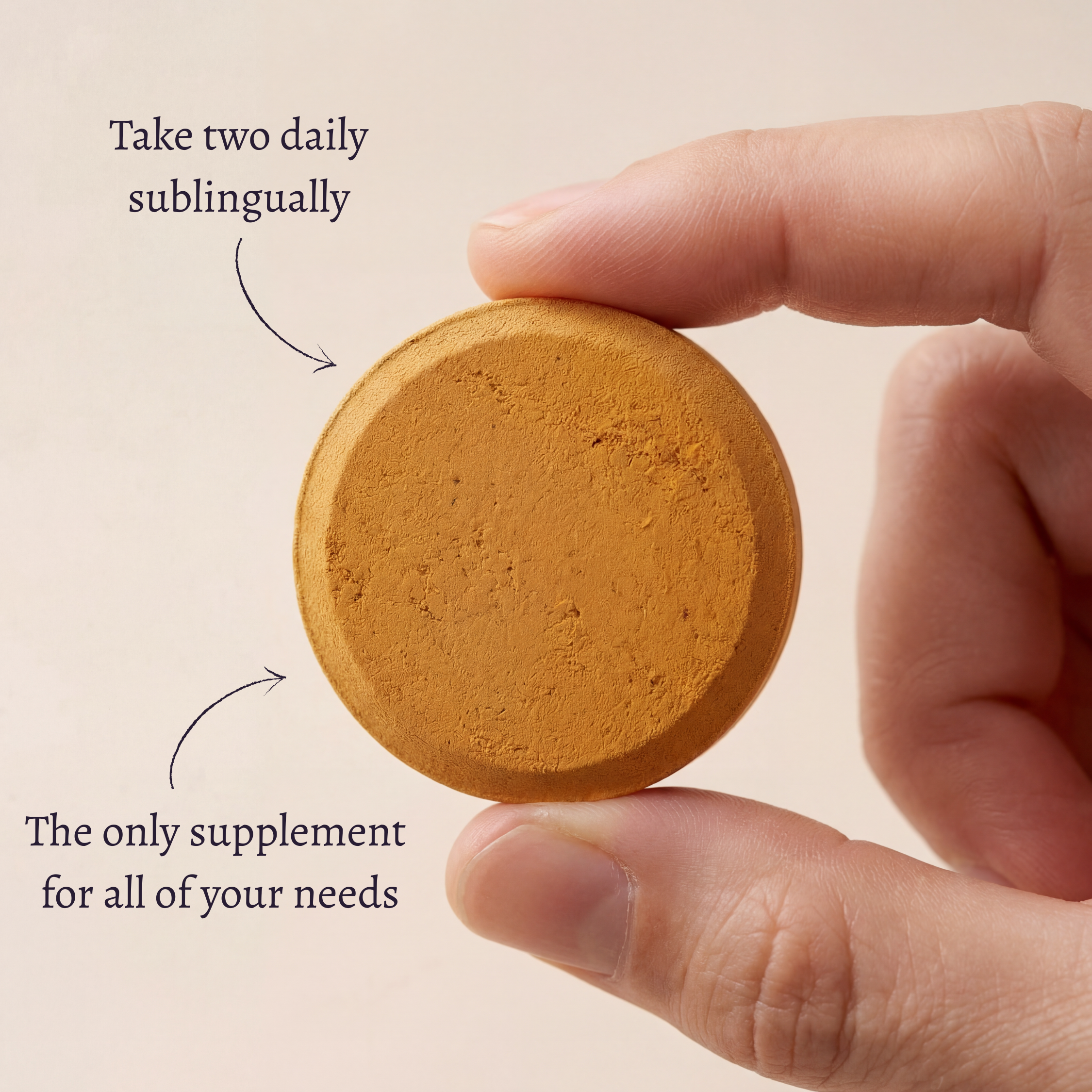 Woman taking an AYA BIOME PURE fermented turmeric chewable tablet