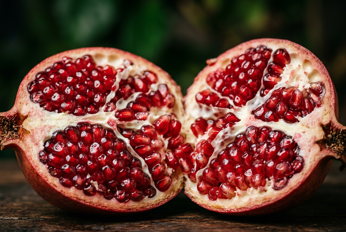 Macro photograph of a halved pomegranate with ruby seeds