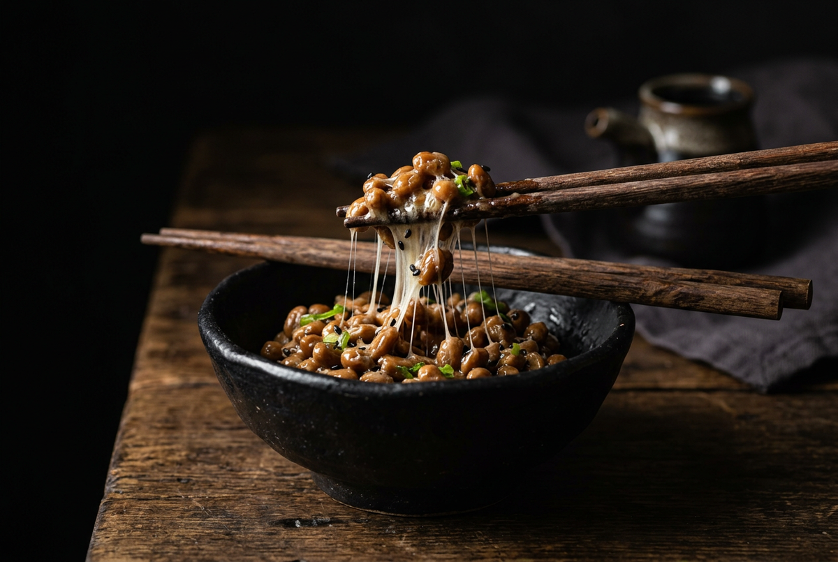 Natto fermented soybeans in a black ceramic bowl with chopsticks