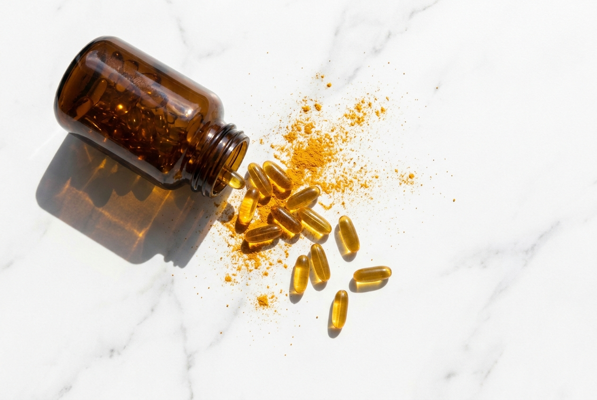 Golden turmeric capsules spilling from a bottle onto white marble