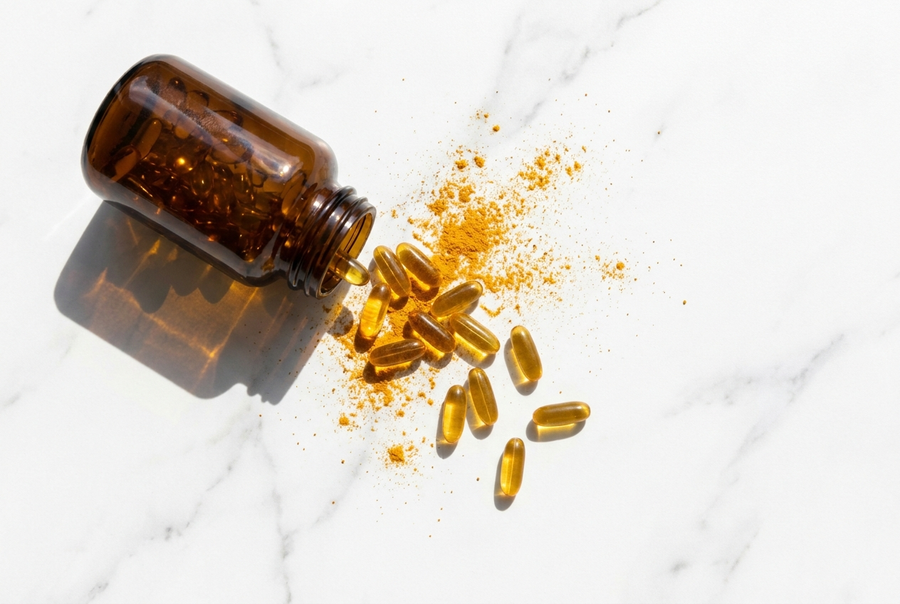 Golden turmeric capsules spilling from a bottle onto white marble