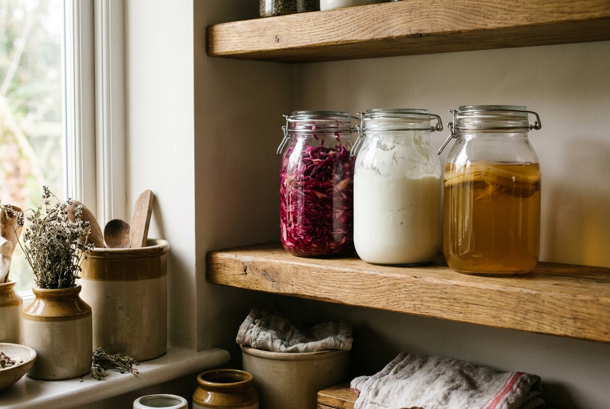 Jars of sauerkraut, live yoghurt and kombucha on a wooden kitchen shelf