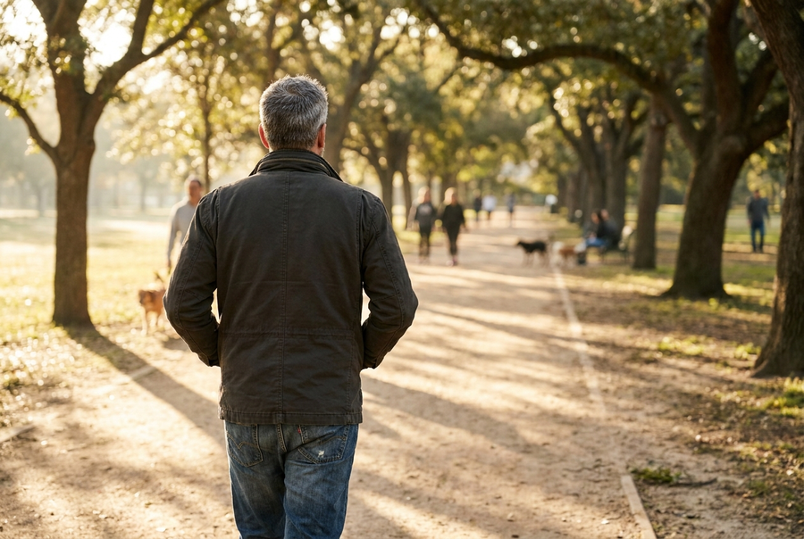 Man in his fifties walking through a park in morning light, seen from behind