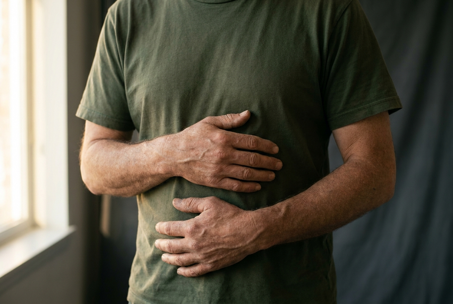 Man in a green t-shirt with both hands resting on his stomach