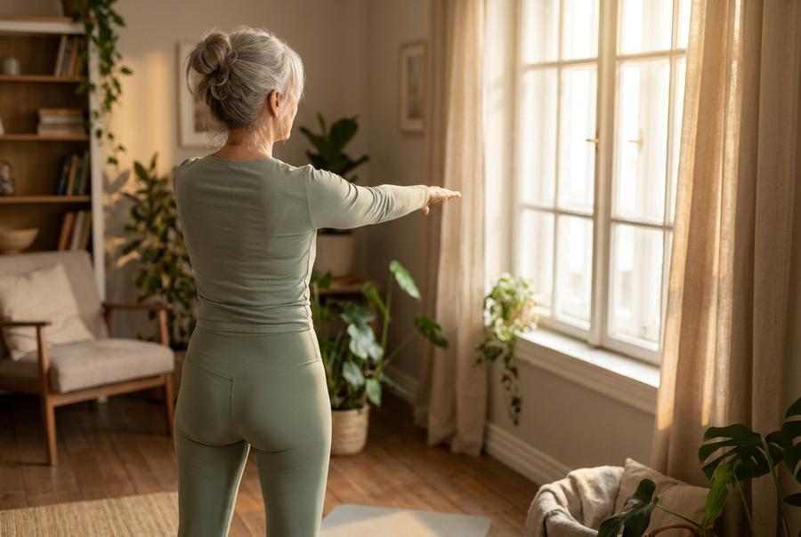 Woman in her fifties stretching by a window in morning light, seen from behind