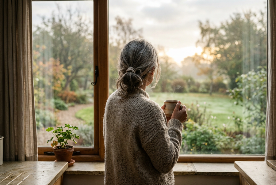 Woman in a knitted jumper holding a cup of tea, looking out at a garden in morning light