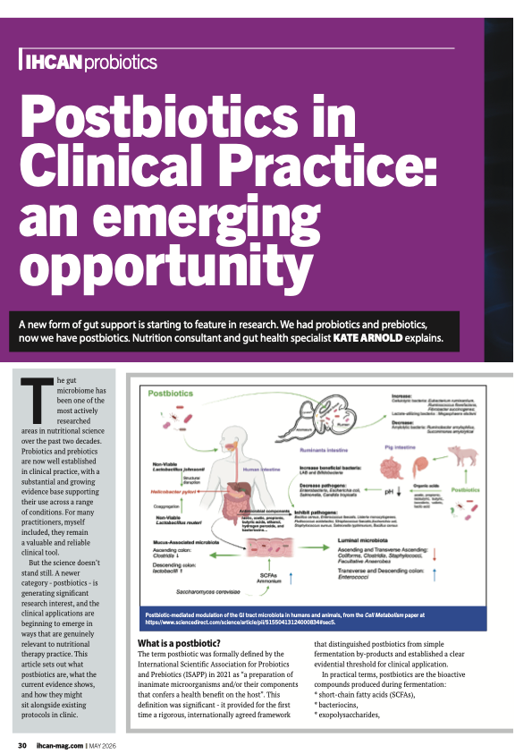 First page of Kate Arnold's Postbiotics in Clinical Practice article in IHCAN Magazine, May 2026