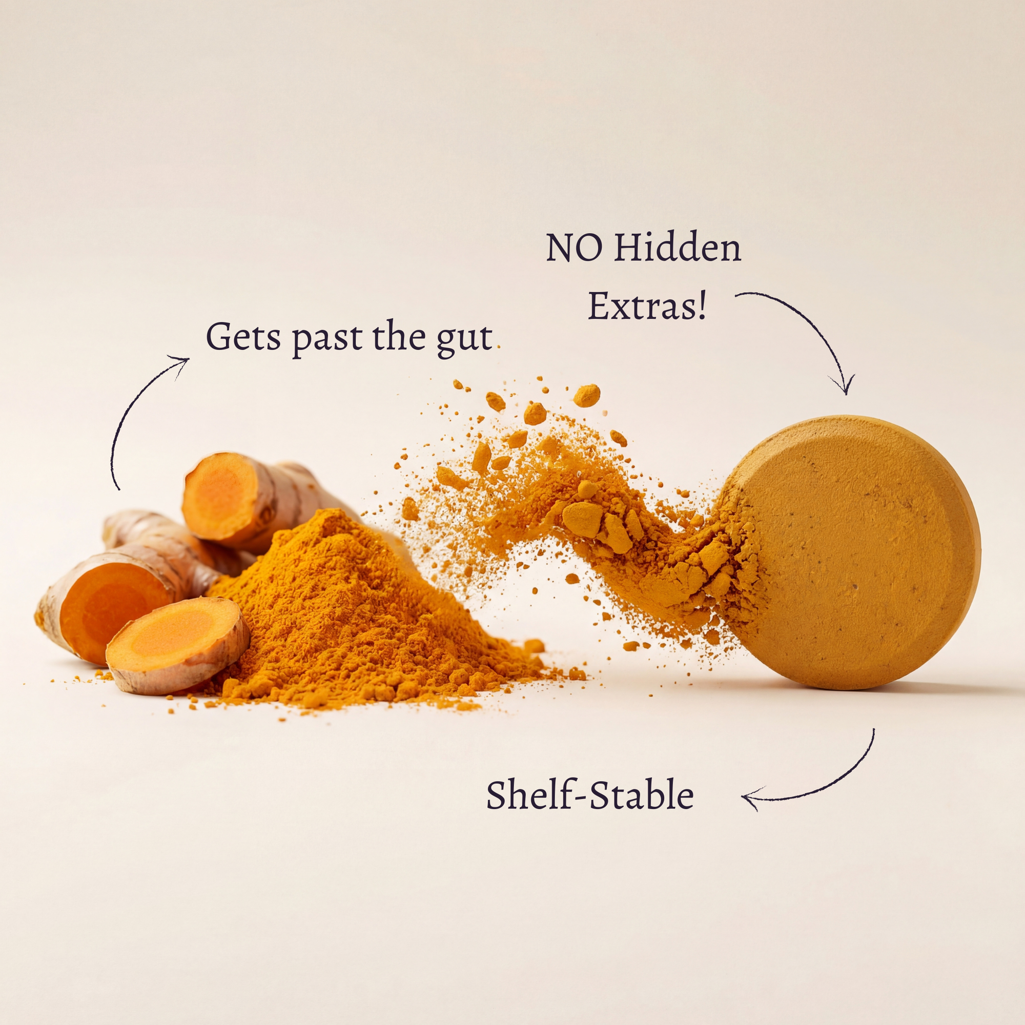 AYA BIOME PURE turmeric to postbiotic tablet, shelf-stable infographic