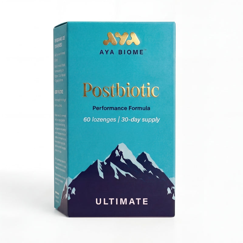 Aya Biome Postbiotic Performance Formula packaging with mountain design on a white background