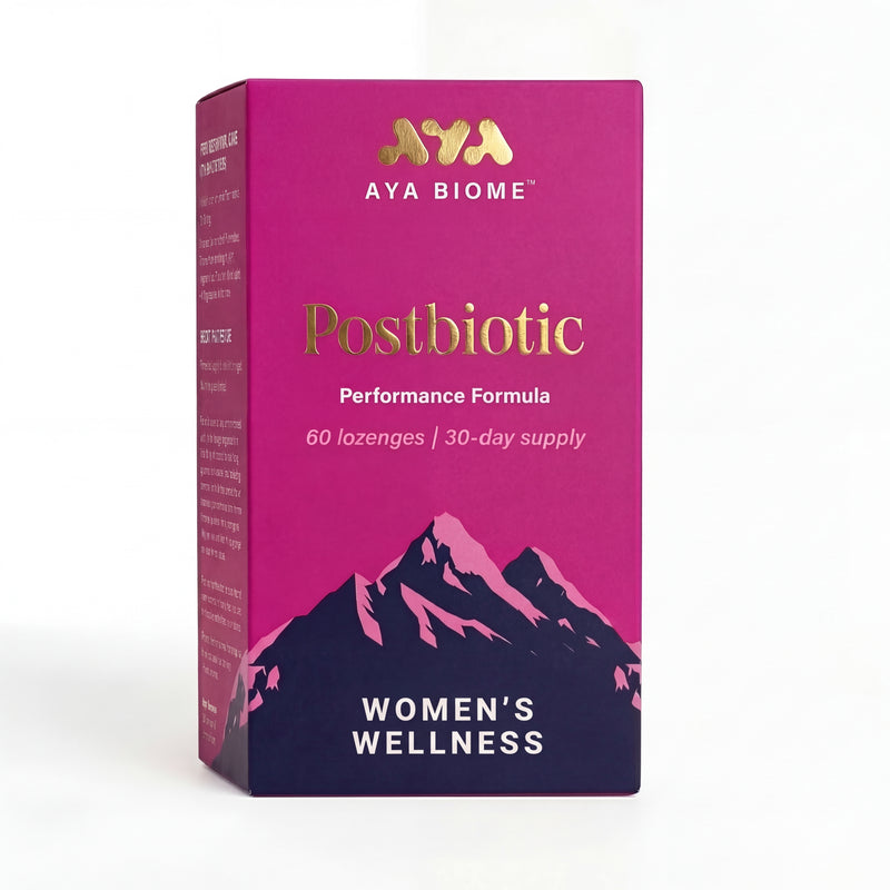 Box of Aya Biome Postbiotic Performance Formula for women's wellness on a white background