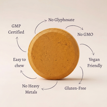 Hand holding an AYA BIOME PURE fermented turmeric chewable tablet, take twice daily
