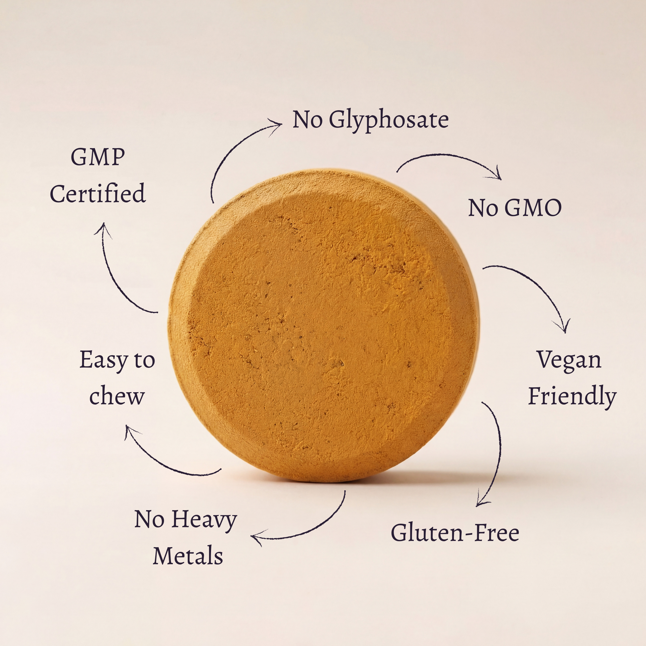 Hand holding an AYA BIOME PURE fermented turmeric chewable tablet, take twice daily