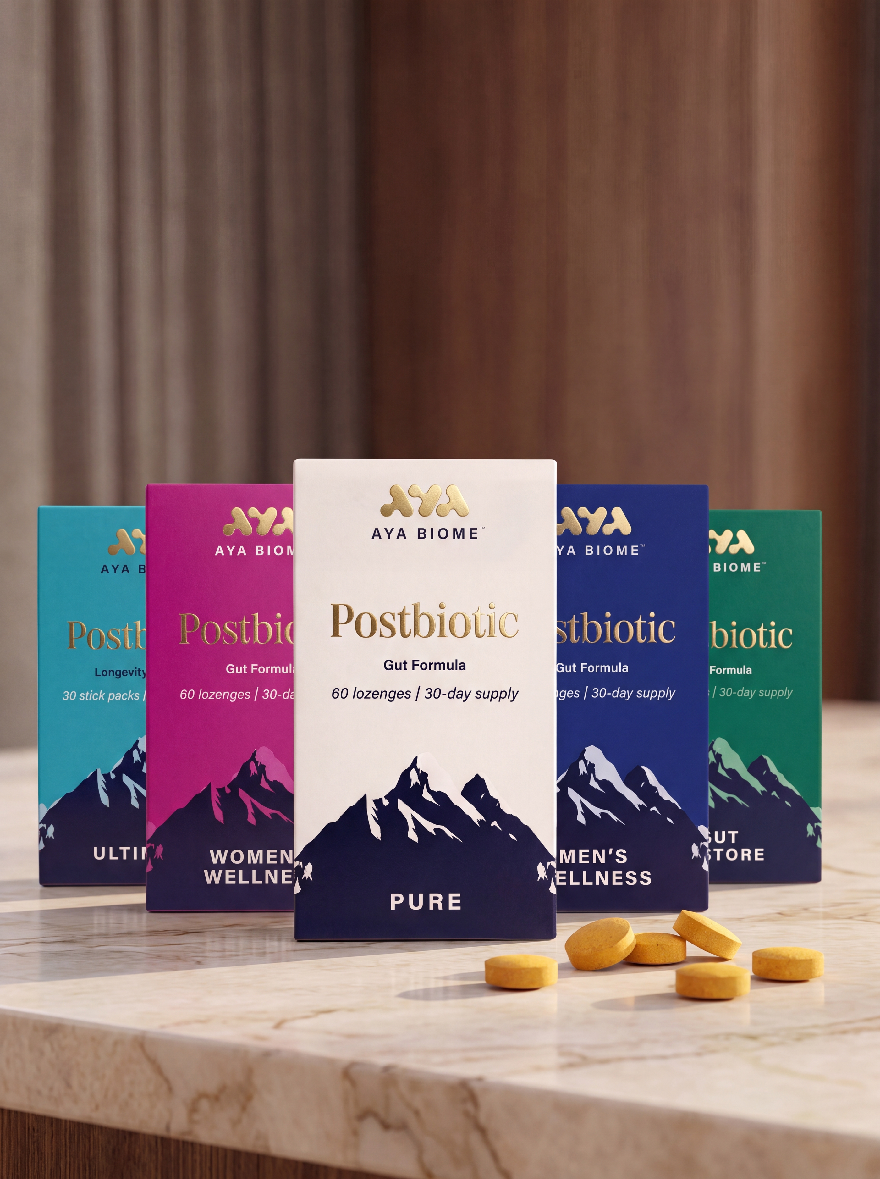 AYA BIOME postbiotic supplement range, all products