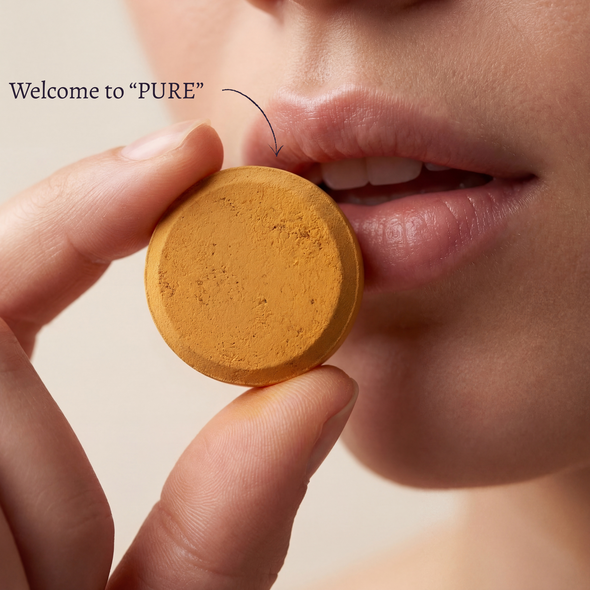 Woman taking an AYA BIOME PURE fermented turmeric chewable tablet