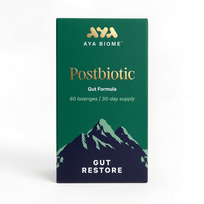 Green box of AYA BIOME Postbiotic Gut Formula with mountain design on a white background