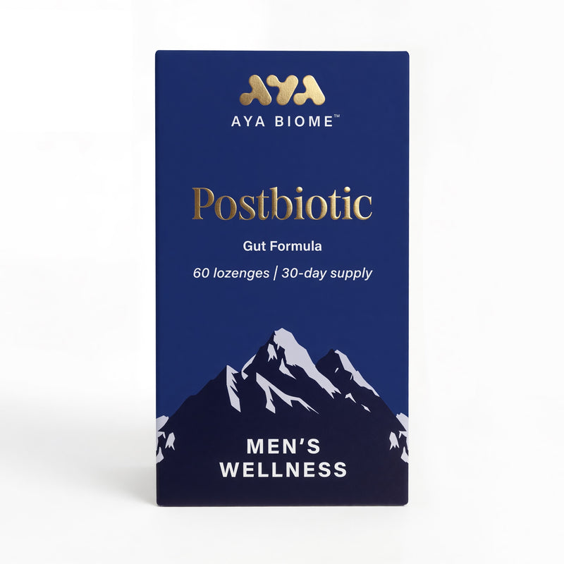 AYA BIOME Postbiotic Men's Wellness package with mountain design on a white background