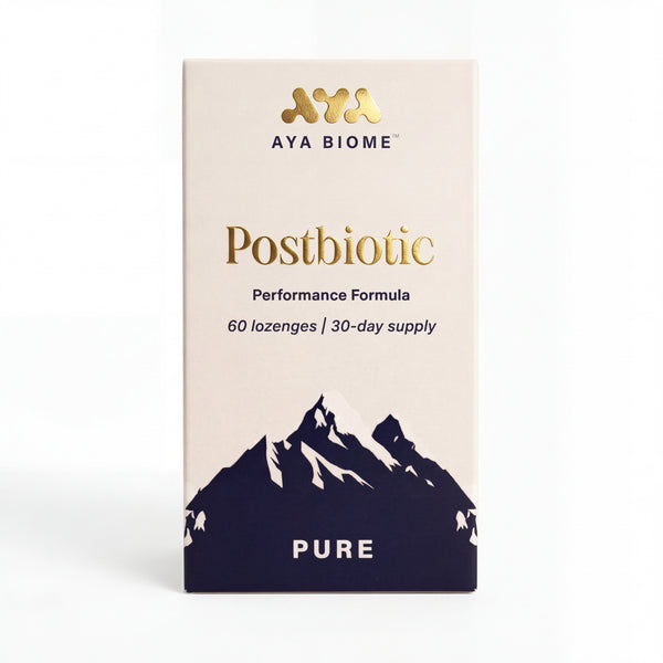 Box of AYA Biome Postbiotic Performance Formula with mountain design on a white background