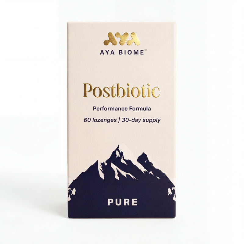 Box of AYA Biome Postbiotic Performance Formula with mountain design on a white background