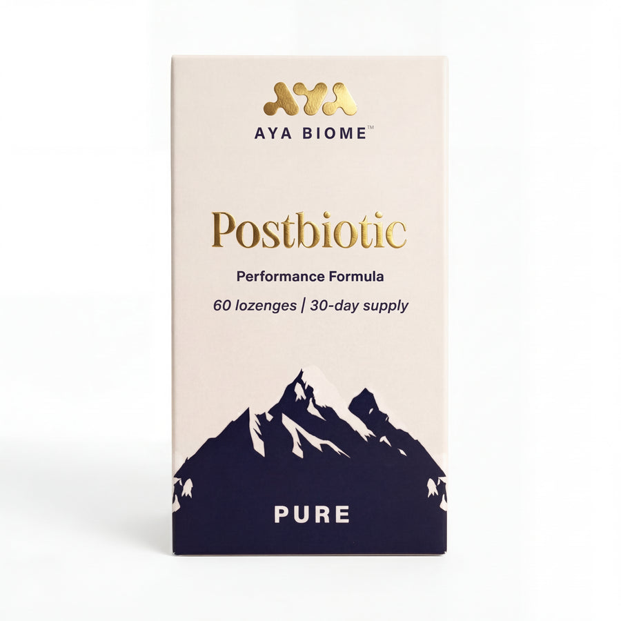 Box of AYA Biome Postbiotic Performance Formula with mountain design on a white background