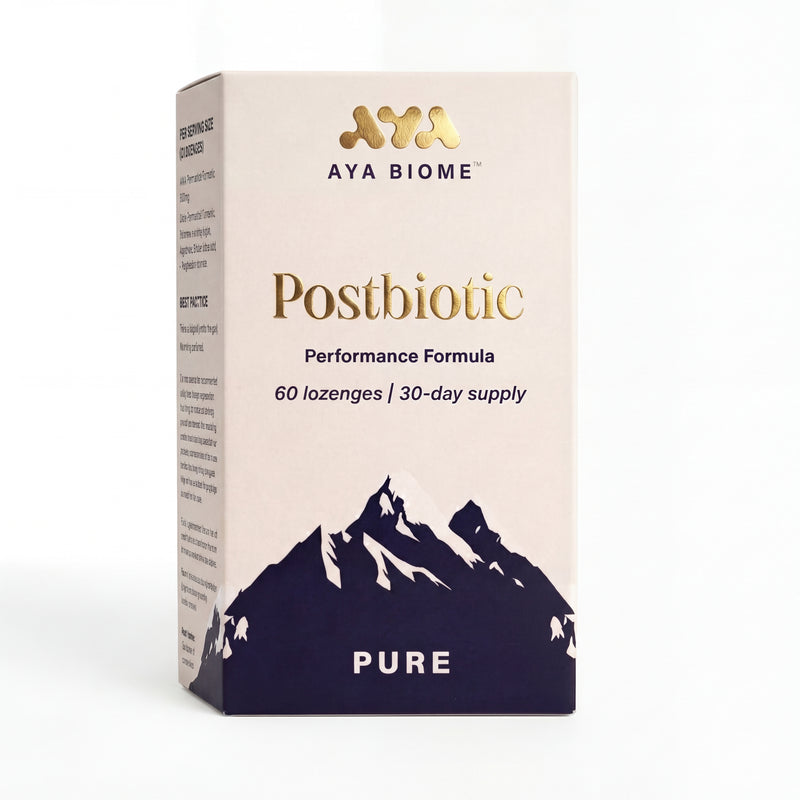 Box of AYA BIOME Postbiotic Performance Formula with mountain design on a white background