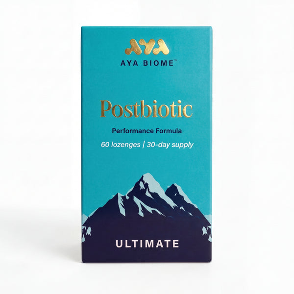 Aya Biome Postbiotic Performance Formula packaging with mountain design on a white background