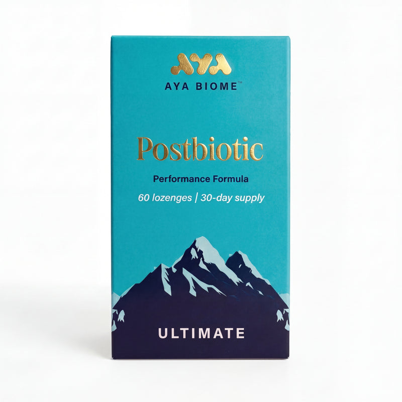 Aya Biome Postbiotic Performance Formula packaging with mountain design on a white background