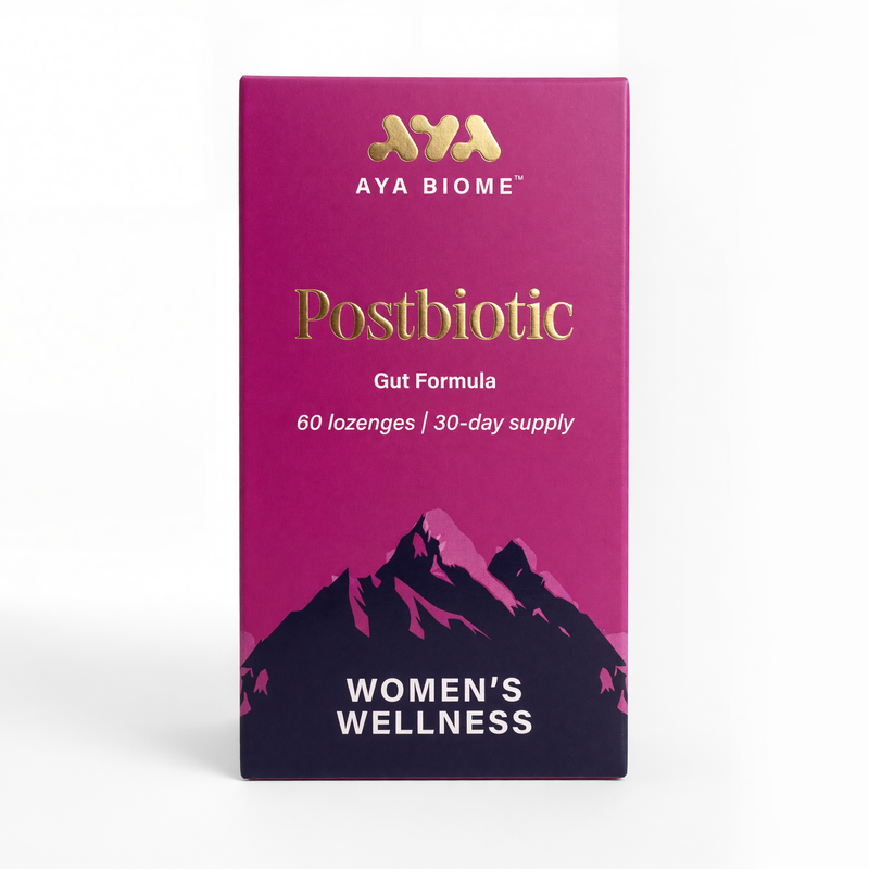 AYA BIOME Postbiotic Performance Formula packaging with pink background and mountain design.