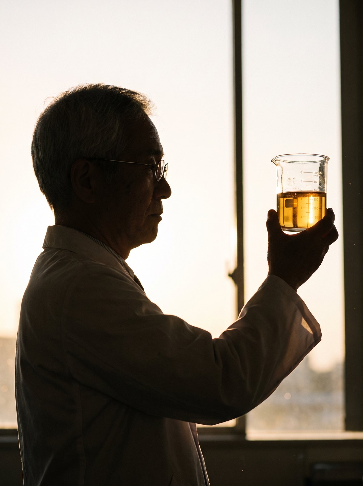 Silhouette of a research scientist studying a beaker of golden liquid