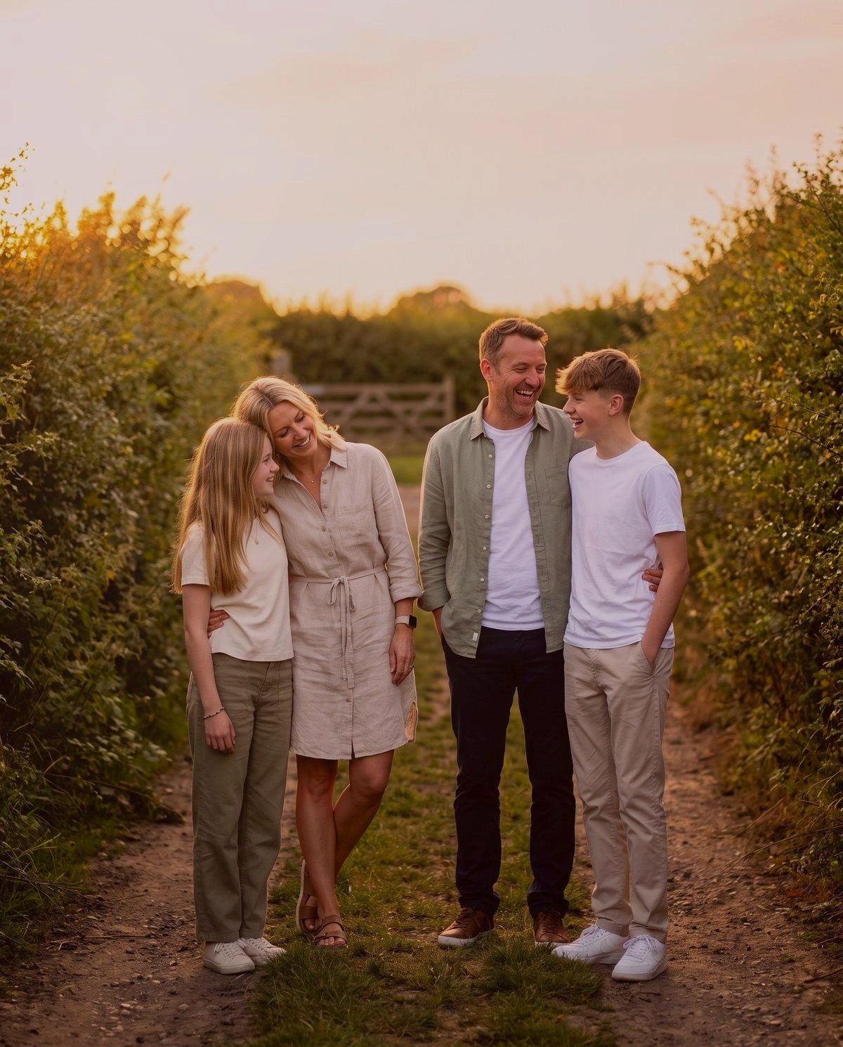 A family of four laughing together on a hedge-lined country path at sunset