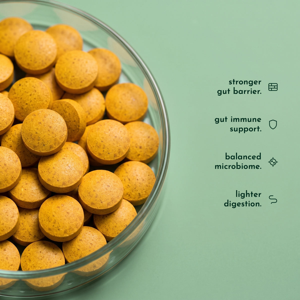 A glass bowl of Gut Restore chewable tablets, with short labelled icons down the right