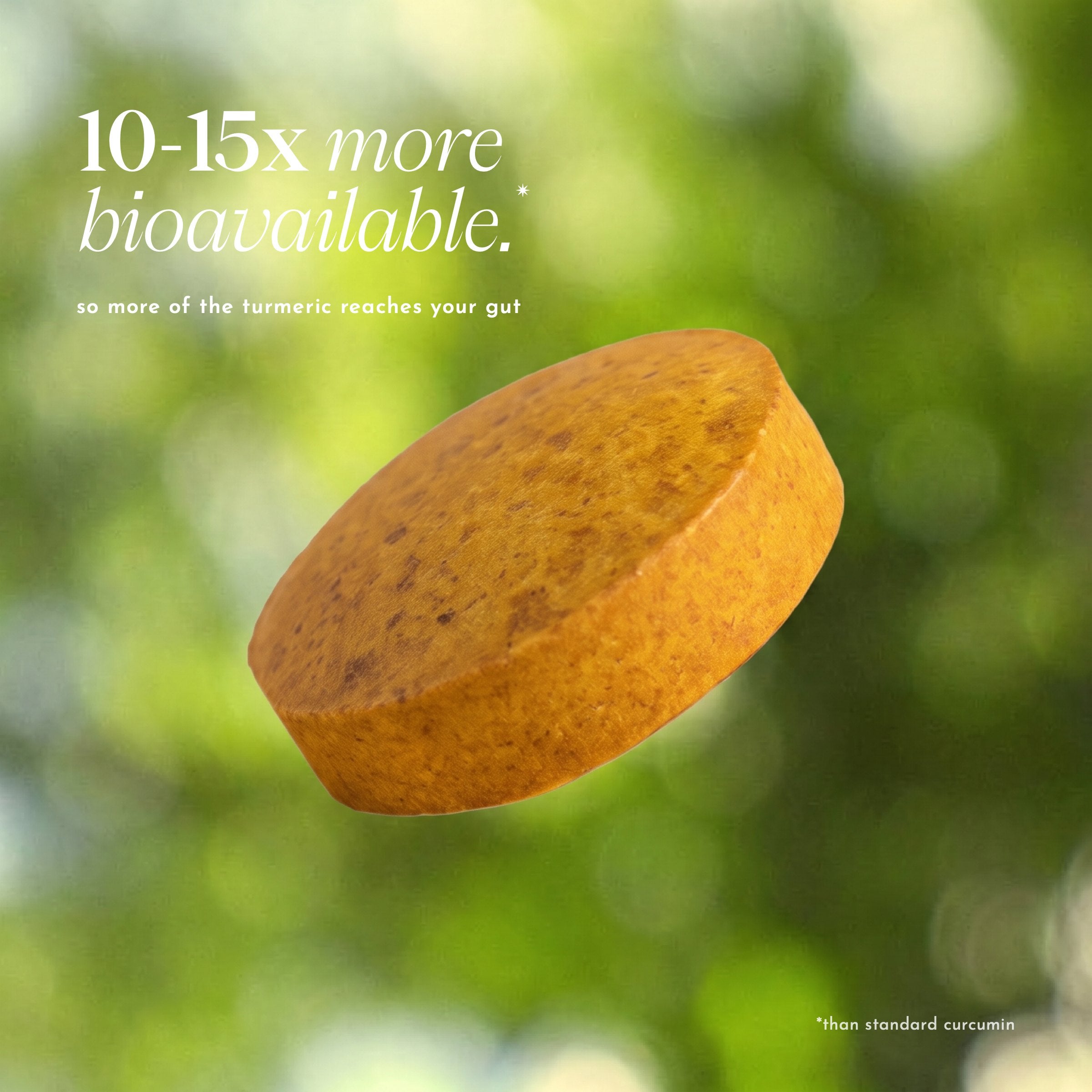 A single Gut Restore chewable tablet against blurred leaves, with a line comparing it with standard curcumin