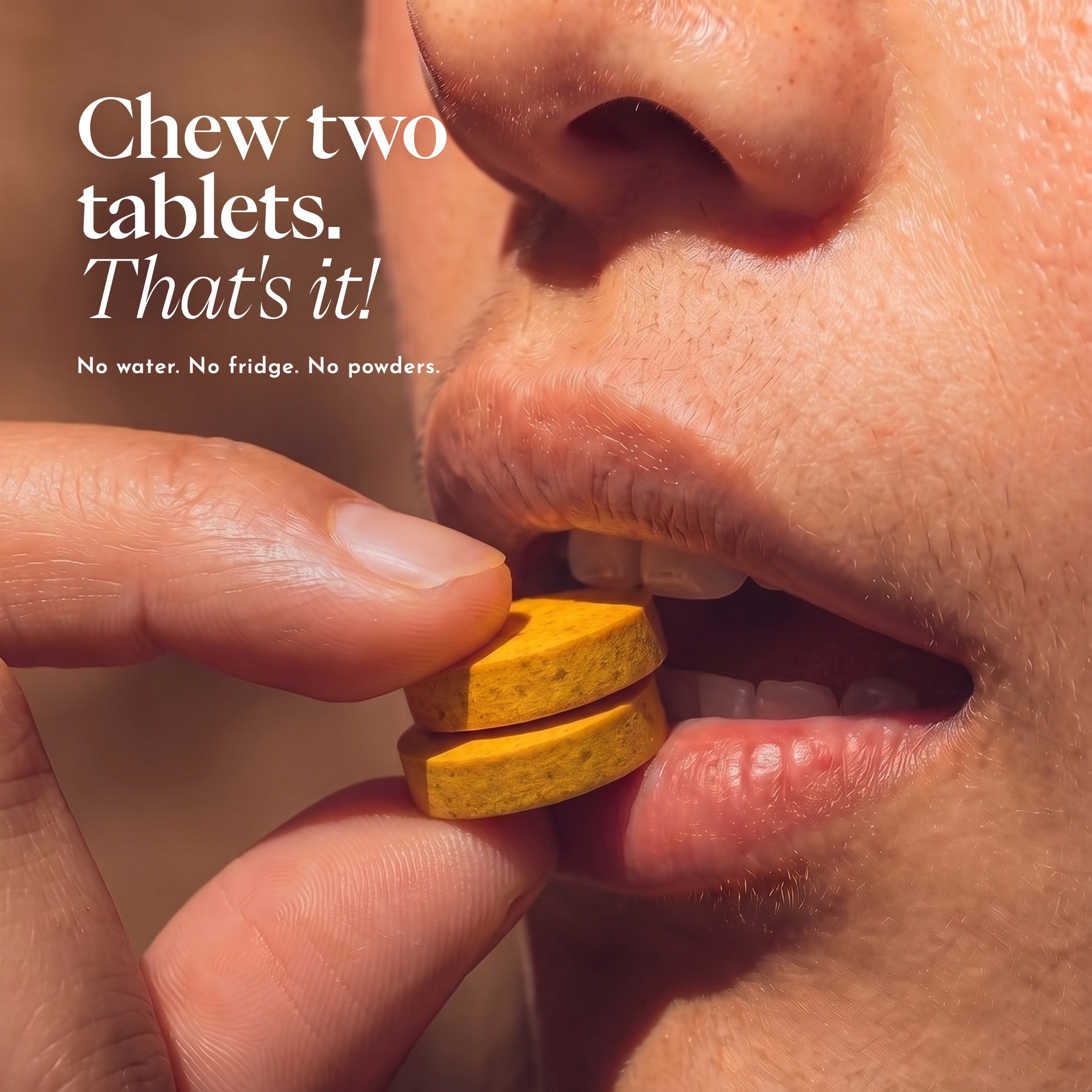 Close-up of someone biting two Gut Restore chewable tablets, under the words Chew two tablets
