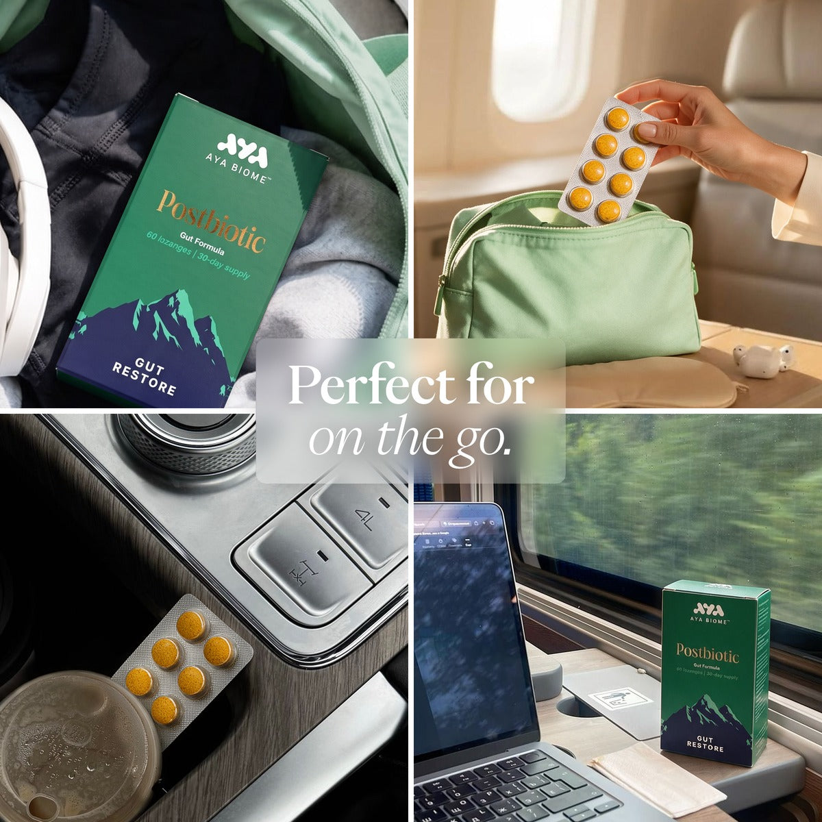 Four photos of Gut Restore on the move: in a gym bag, going into a wash bag on a plane, in a car and on a train table