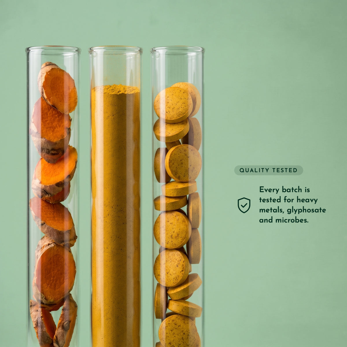 Glass tubes of fresh turmeric slices, turmeric powder and Gut Restore chewable tablets, with a note on batch testing