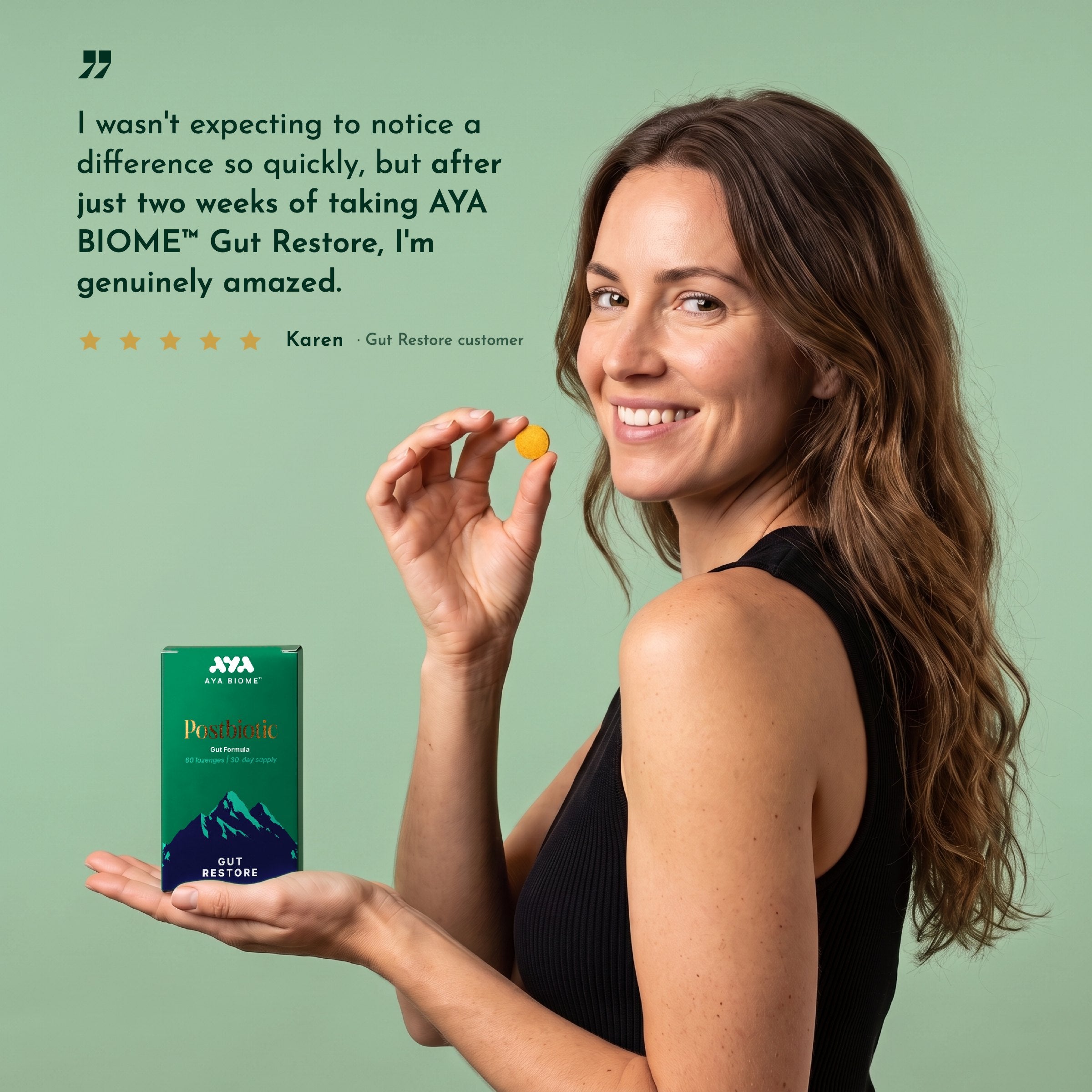 A smiling woman holding a chewable tablet and a Gut Restore box, beside a five-star customer review