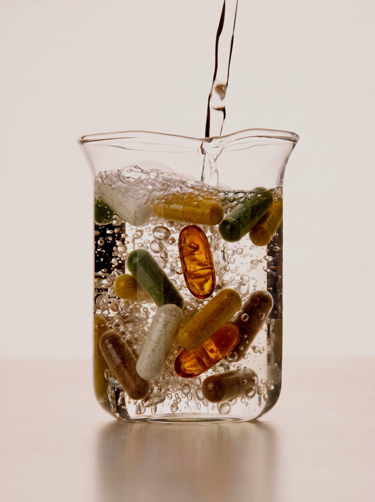 A glass beaker of mixed supplement capsules as water pours in