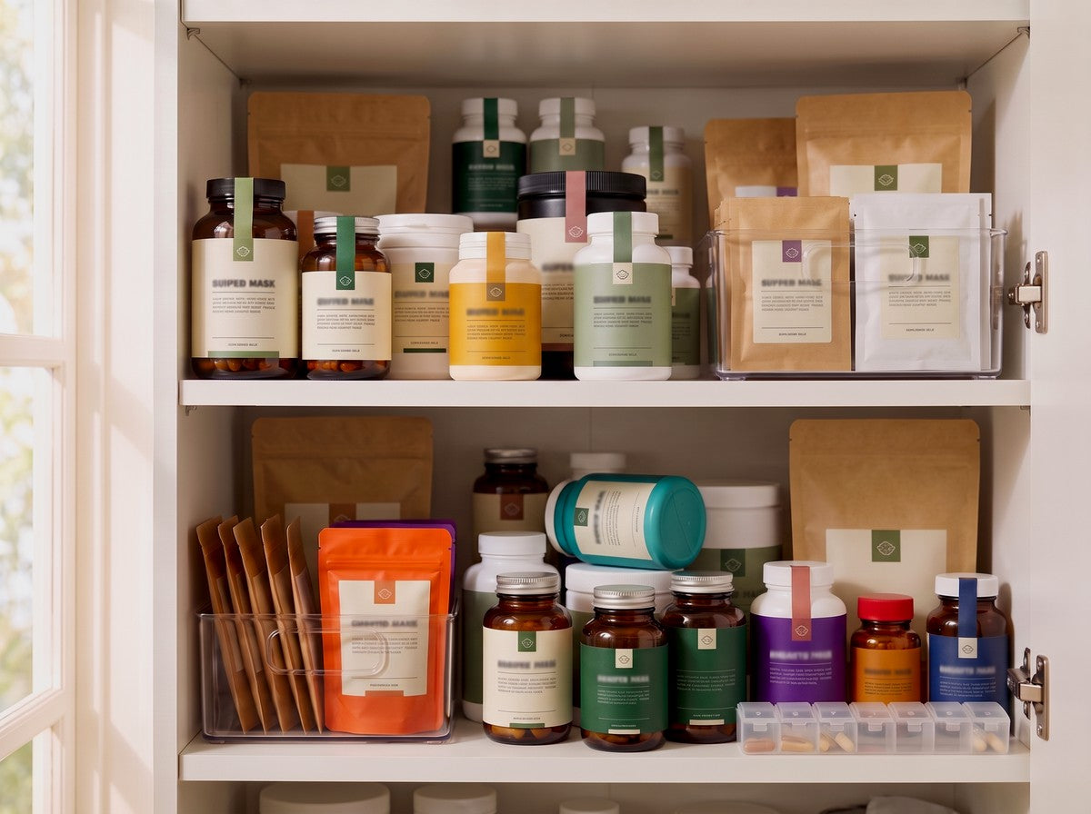 A cupboard packed with supplement jars, pouches and a pill organiser