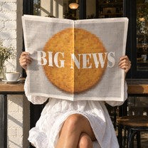 A person in a white dress holding up a newspaper headlined Big news at a café table