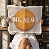 A person in a white dress holding up a newspaper headlined Big news at a café table