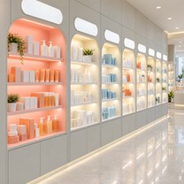 Rows of lit display shelves stocked with products in a bright shop